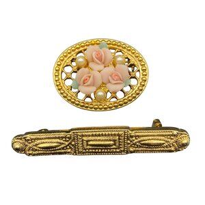 Vintage 1928 Brand Gold-Tone Brooch Lot 2 Pink Roses Pearls Victorian Revival